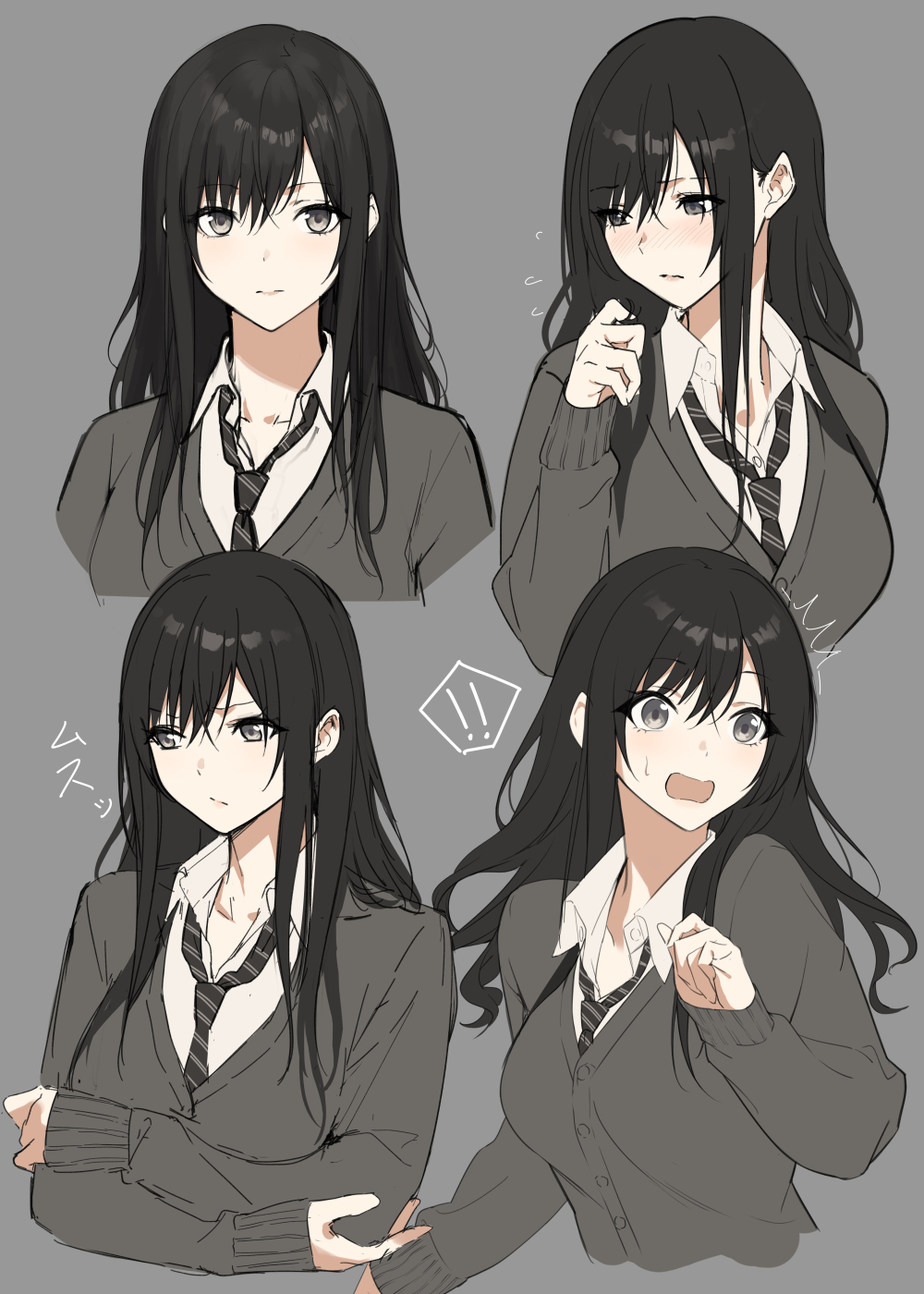 ! !! 1girl ^^^ angry black_hair black_neckwear blush breasts cardigan closed_mouth collared_shirt commentary crossed_arms dress_shirt embarrassed expressionless eyebrows_visible_through_hair grey_background grey_cardigan hair_between_eyes highres holding holding_hair lips long_hair looking_at_viewer looking_away loose_necktie medium_breasts multiple_views necktie open_mouth original shirt silver_eyes simple_background sola_(solo0730) straight_hair striped striped_neckwear surprised sweatdrop upper_body wavy_mouth white_shirt wing_collar