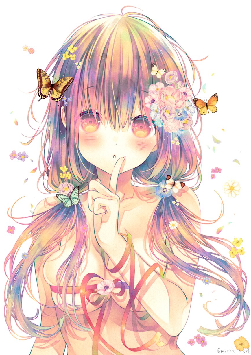 1girl blush bound breasts bug butterfly eyebrows_visible_through_hair flower hair_flower hair_ornament highres hinako_note insect leaves_in_wind long_hair march-bunny pink_hair red_eyes ribbon ribbon_bondage sakuragi_hinako twintails