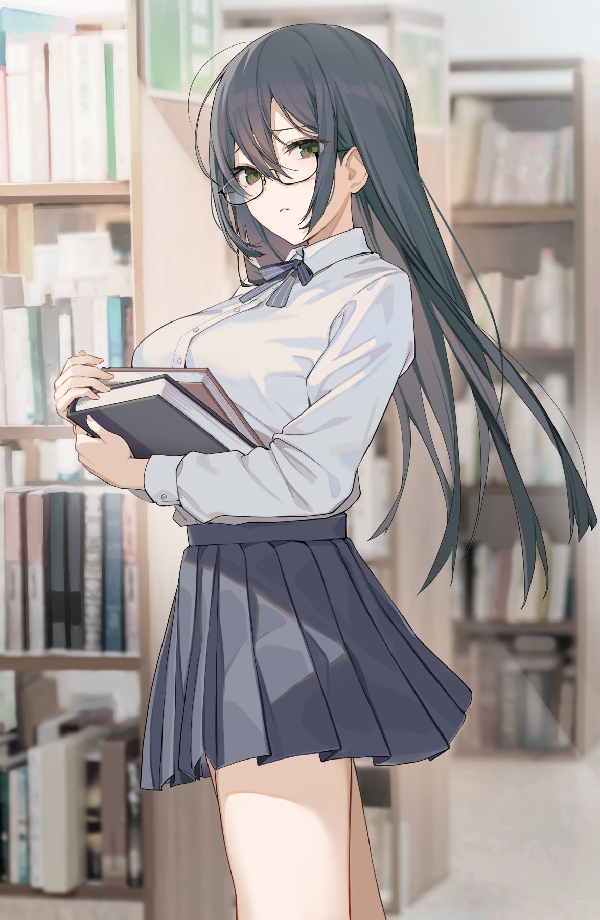 1girl banned_artist black_hair black_skirt book bookshelf breasts closed_mouth collared_shirt cowboy_shot glasses green_eyes high-waist_skirt highres holding icomochi large_breasts library long_hair long_sleeves looking_at_viewer miniskirt neck_ribbon original pleated_skirt ribbon school_uniform semi-rimless_eyewear shirt shirt_tucked_in sidelocks skirt solo standing thighs under-rim_eyewear white_shirt