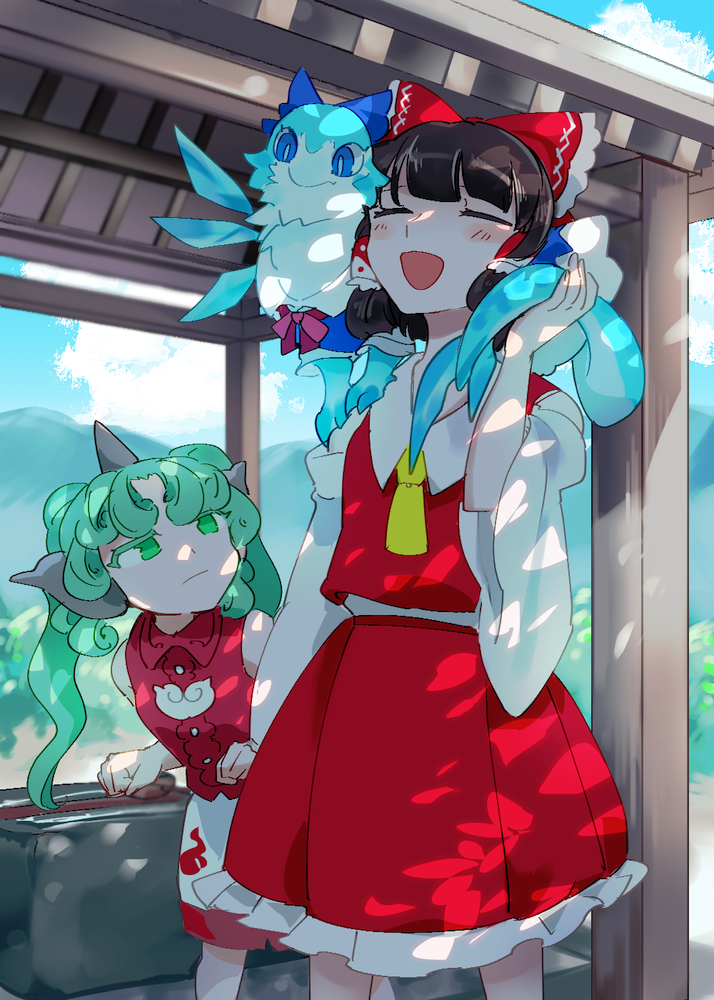 2girls animalization ascot bangs blue_bow blue_dress blue_eyes blunt_bangs blush bow chamaruku cirno clenched_hands closed_eyes closed_mouth cloud_print collared_vest creature creature_on_shoulder curly_hair day detached_sleeves dress fang frilled_bow frilled_skirt frills green_eyes green_hair hair_bow hair_tubes hakurei_reimu hand_up hill hishaku holding_another's_tail horns ice ice_wings jitome komano_aunn leaning_forward looking_at_another looking_to_the_side looking_up multiple_girls neck_ribbon nontraditional_miko on_shoulder open_mouth outdoors print_shorts red_bow red_neckwear red_ribbon red_skirt red_vest ribbon shorts skin_fang skirt skirt_set slit_pupils standing tail temizuya touhou twintails vest white_shorts white_skirt white_sleeves wide_sleeves wings yellow_neckwear |d