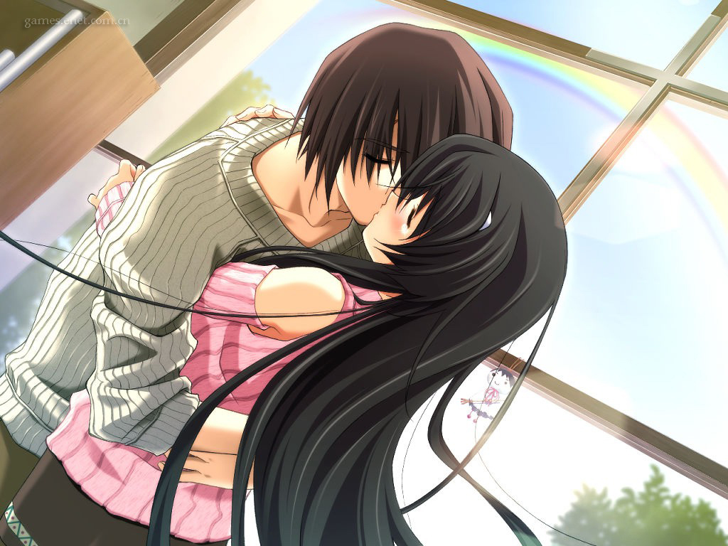 1boy 1girl black_hair brown_hair couple game_cg hair_ornament hairclip hetero hug indoors kiss long_hair memories_off memories_off_sorekara misasagi_inori rainbow sagisawa_isshu short_hair sweater teruterubouzu window