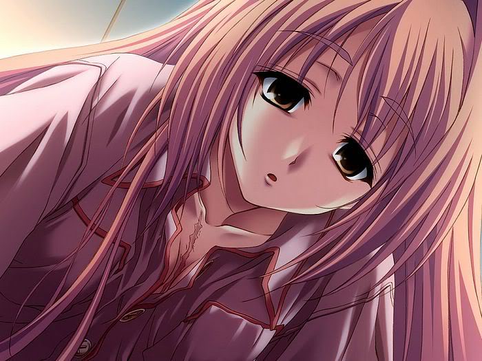 1girl empty_eyes game_cg long_hair memories_off memories_off_sorekara nonohara_haya open_clothes orange_eyes orange_hair pajamas scar solo