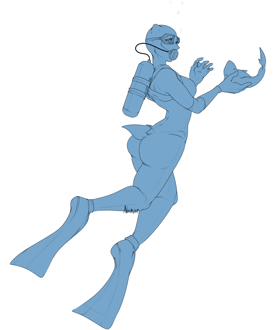 clothing diver diving diving_suit female female/female fin fish hi_res human humanoid mammal marine mid_transformation narusewolf oxygen_tank protruding_ears sequence shark solo swim_(disambiguation) swimming swimwear tight_clothing torn_clothing transformation transformation_sequence