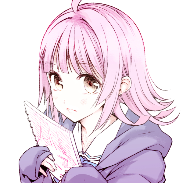1girl ahoge bangs blunt_bangs brown_eyes chado closed_mouth commentary eyebrows_visible_through_hair holding holding_notebook jacket long_sleeves looking_at_viewer love_live! love_live!_nijigasaki_high_school_idol_club notebook pink_hair purple_jacket short_hair solo symbol_commentary tennouji_rina upper_body