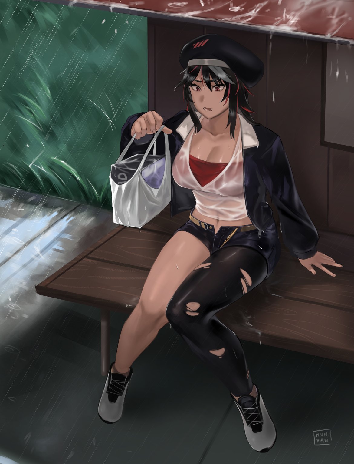 1girl bag belt bench black_hair black_headwear black_legwear black_shorts breasts bus_stop cabbie_hat cleavage collarbone commission fingerless_gloves fingernails full_body gloves hat highres hun_yan jacket large_breasts looking_down medium_hair multicolored_hair navel open_belt open_clothes open_fly open_jacket original rain red_bandeau red_eyes red_hair shirt shoes shopping_bag shorts silver_hair single_thighhigh sneakers solo streaked_hair thighhighs thighs torn_clothes torn_legwear v-neck wet wet_clothes wet_hair wet_shirt wet_t-shirt white_footwear
