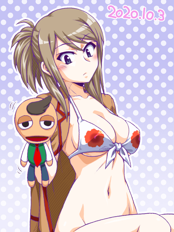 1girl bangs bikini black_eyes blue_background breasts brown_hair brown_jacket cleavage closed_mouth commentary_request dated eyebrows_visible_through_hair front-tie_bikini front-tie_top ginga_kuon gokujou_seitokai hand_puppet holding jacket jacket_on_shoulders light_frown looking_at_viewer medium_hair motion_lines navel oosaka_kanagawa outline partial_commentary polka_dot polka_dot_background print_bikini puppet randou_rino short_hair short_ponytail sitting solo swimsuit white_bikini white_outline