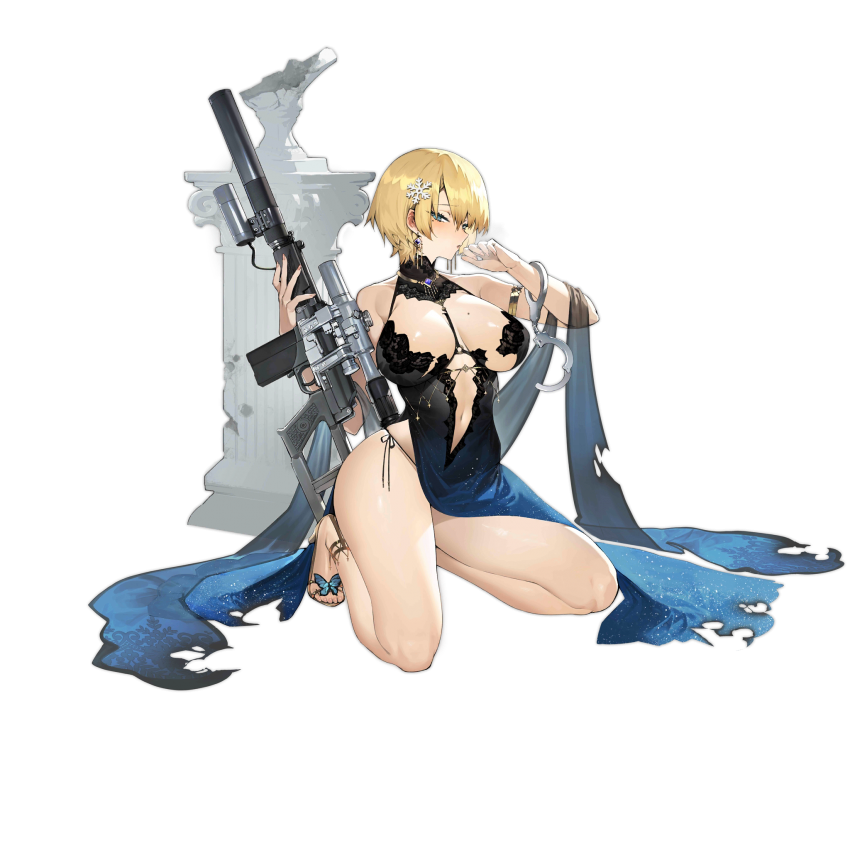 1girl bare_shoulders black_dress blonde_hair blue_dress blue_eyes blush breasts bug butterfly character_name commentary_request copyright_name cuffs dress dress_flower earrings eyebrows_visible_through_hair girls_frontline gun hair_ornament handcuffs high_heels holding holding_weapon insect jewelry large_breasts looking_at_viewer medium_hair mole mole_under_eye nail_polish necklace official_art open_mouth pink_nails rifle seiza siqi_(miharuu) sitting snowflake_hair_ornament solo vsk-94 vsk-94_(girls_frontline) weapon yellow_footwear