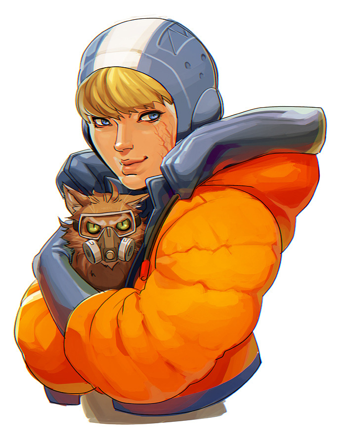 1girl animal animal_hug apex_legends blonde_hair blue_eyes blue_gloves burn_scar cat english_commentary gas_mask gloves goggles holding holding_animal holding_cat hood hood_down hooded_jacket jacket lips nikola_(apex_legends) orange_jacket puffer_jacket scar scar_on_cheek scar_on_face short_hair skullcap wattson_(apex_legends) white_background zitszy