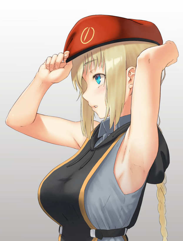 1girl adjusting_clothes adjusting_headwear armpit_focus armpits bare_shoulders beret blonde_hair blue_eyes braid braided_ponytail breasts collared_shirt from_side girls_frontline gradient gradient_background grey_background hat hood hood_down large_breasts long_hair mg3_(girls_frontline) red_headwear shirt sidelocks sleeveless sleeveless_shirt solo touko_(kira2yue) upper_body