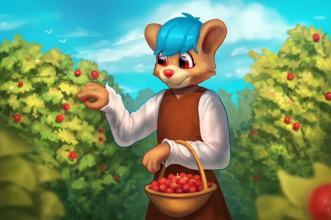 anthro basket berrys blue_hair brown_body brown_fur bush_(disambiguation) clothing cloud disney fan_character female fur gummi_bears hair red_eyes red_nose saneaz skye smile solo