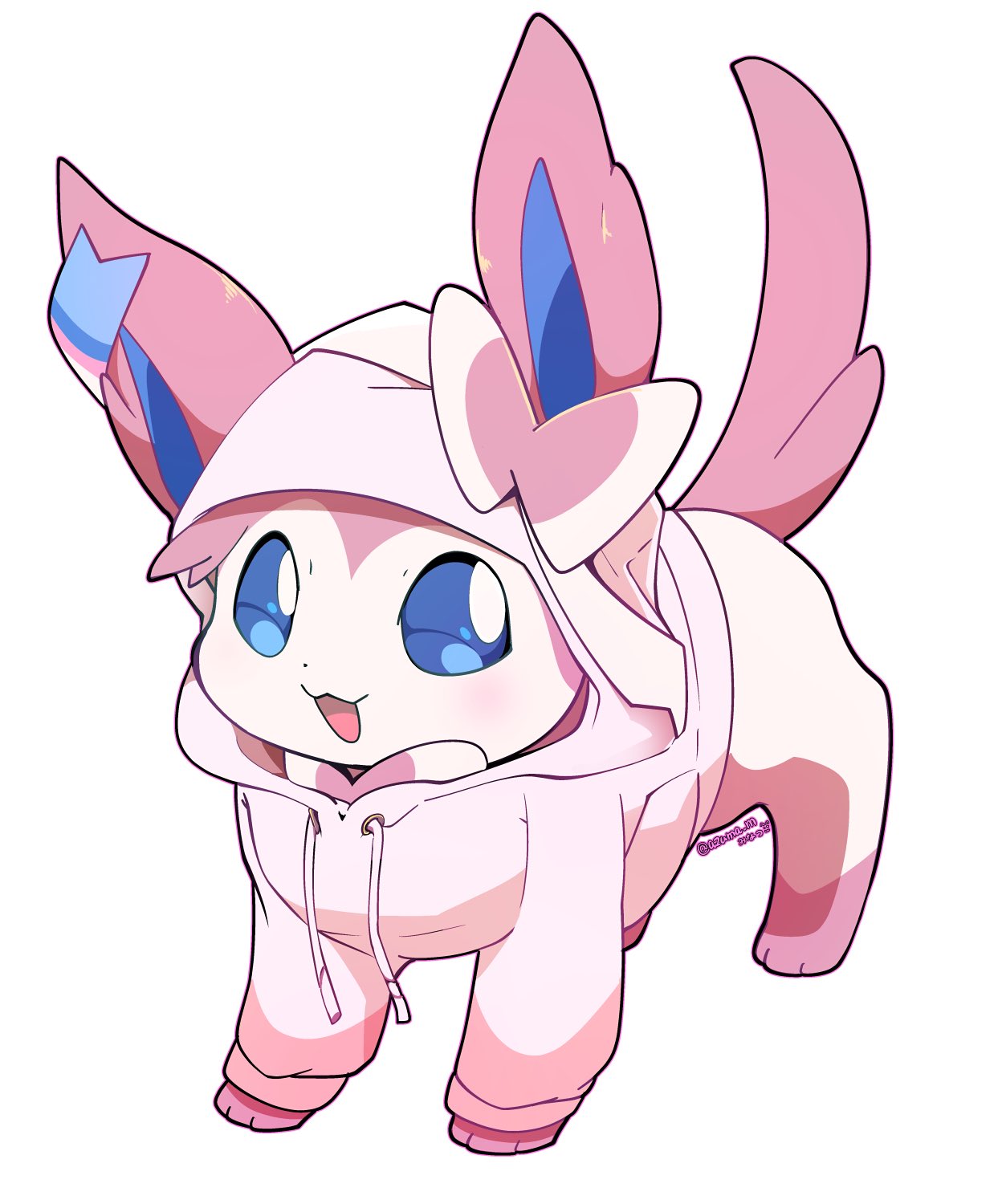 :d azuma_minatsu blue_eyes clothed_pokemon commentary_request creature full_body gen_6_pokemon highres hood hood_up hoodie no_humans open_mouth paws pink_hoodie pokemon pokemon_(creature) simple_background smile solo standing sylveon toes tongue white_background