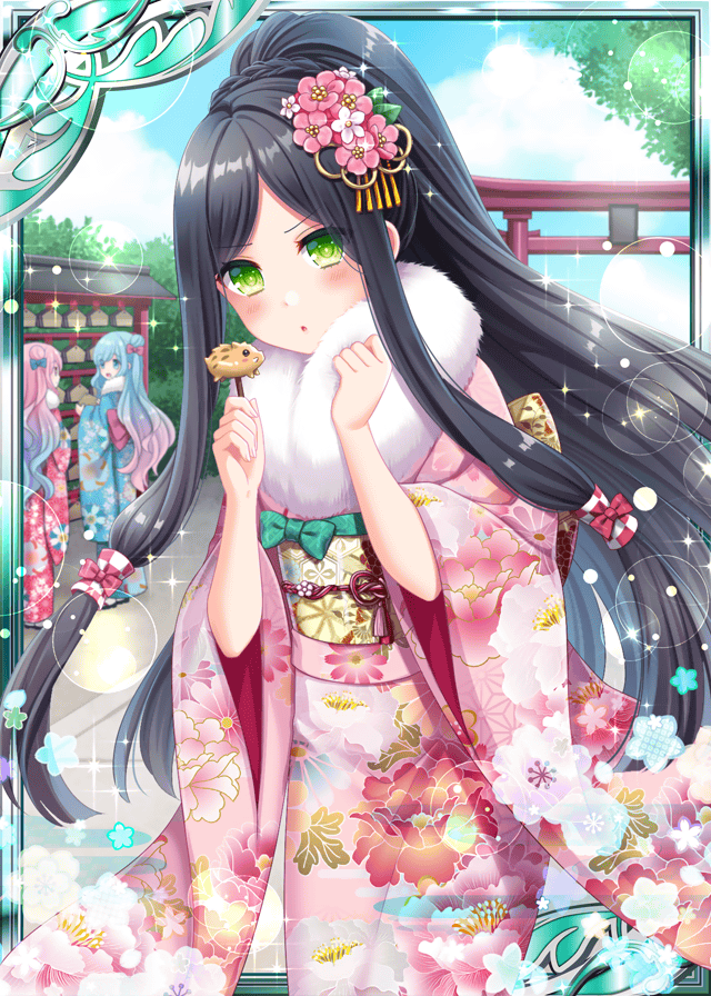 3girls :o aqua_ribbon black_hair blue_hair blue_kimono blue_sky collaboration eating falkyrie_no_monshou floral_print flower green_eyes hair_flower hair_ornament japanese_clothes kimono long_hair looking_at_viewer multicolored_hair multiple_girls official_art outdoors pink_hair pink_kimono ponytail ribbon shinkai_no_valkyrie shrine sky stardrop