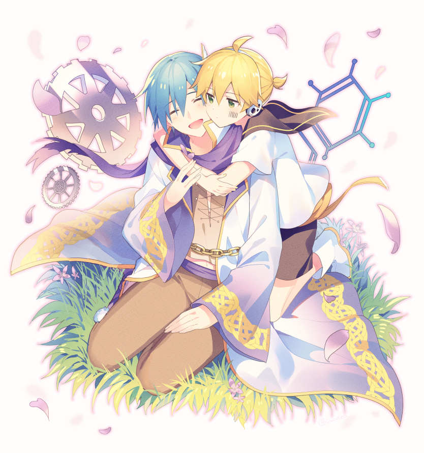 2boys aqua_eyes arms_around_neck barcode_tattoo black_collar black_shorts blonde_hair blue_hair boots brown_pants brown_shirt chain cherry_blossoms closed_eyes coat collar commentary facial_tattoo falling_petals gears gold_trim grass headphones hug hug_from_behind kagamine_len kaito multiple_boys open_mouth pants petals project_diva_(series) purple_scarf sailor_collar scarf seiza shirt short_ponytail short_sleeves shorts sinaooo sitting smile spiked_hair strange_dark_(module) tattoo violet_(module) white_coat white_footwear white_shirt