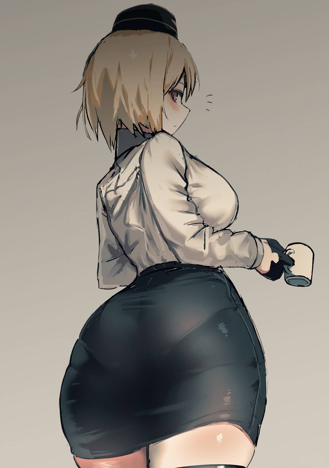 1girl akitaka_takaaki ass black_skirt blonde_hair breasts coffee_mug cup from_behind garrison_cap girls_frontline grey_background hat highres large_breasts looking_at_viewer looking_back mp40_(girls_frontline) mug pantylines red_eyes short_hair simple_background skirt solo