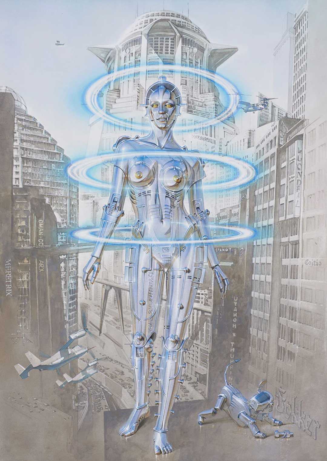 aibo aircraft airplane bolts breasts canid canine city cityscape feet female fingers gears glistening glistening_body hajime_sorayama hi_res humanoid machine mammal maria_(metropolis) metropolis_(1927) needs_higher_resolution nipples robot rooftop sexy_robot_(hajime_sorayama) sony_corporation sorayama_hajime text toes vehicle yellow_eyes