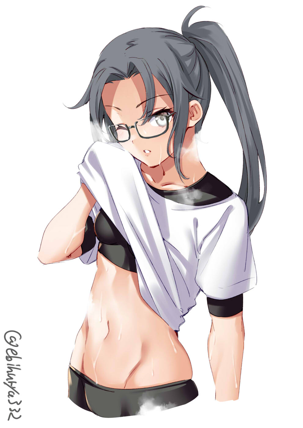 1girl abs amagiri_(kancolle) asymmetrical_bangs bangs breasts cowboy_shot crop_top ebifurya glasses grey_eyes grey_hair hair_between_eyes highres kantai_collection long_hair muscular muscular_female one_eye_closed ponytail shirt skin_tight small_breasts sweat sweatdrop t-shirt taut_clothes tight tight_shirt tsurime very_long_hair white_background