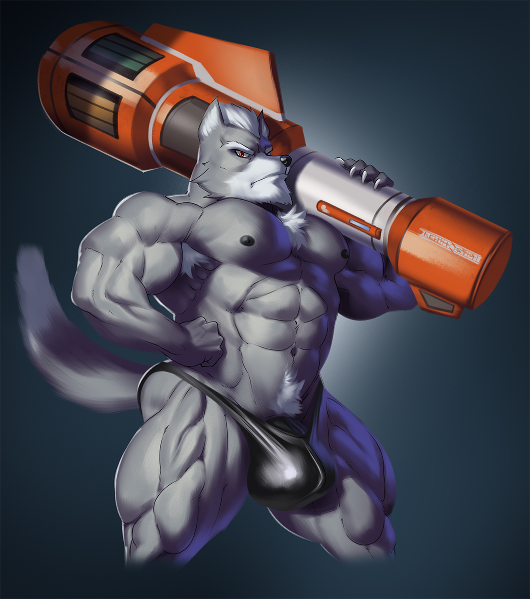 2021 abs anthro armpit_hair barazoku biceps big_bulge big_muscles body_hair bulge canid canine canis chest_hair clothing frown fur grey_background grey_body grey_fur guzreuef hair hand_on_hip hi_res holding_object holding_weapon huge_muscles looking_at_viewer male mammal muscular muscular_anthro muscular_male navel nintendo nipples pecs pubes quads rocket simple_background solo standing star_fox thong underwear video_games weapon wolf wolf_o'donnell