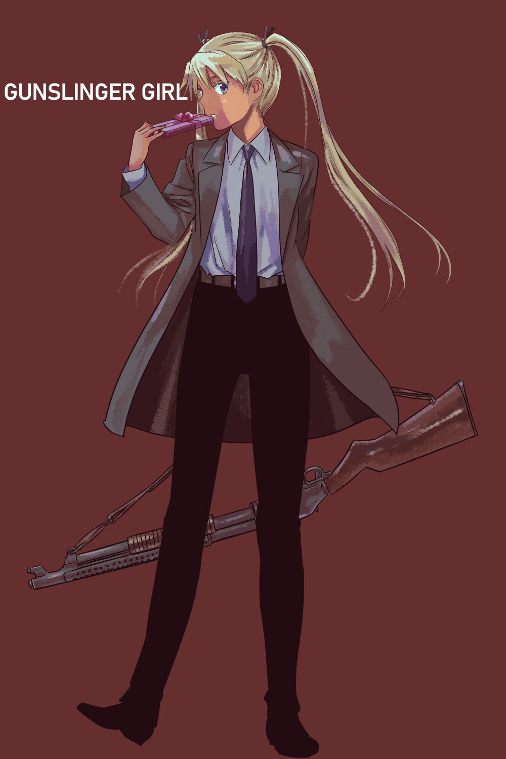 1girl aida_yuu arm_behind_back belt black_pants blonde_hair blue_neckwear copyright_name facing_away gift gun gunslinger_girl highres looking_at_viewer necktie pants red_background shaded_face shotgun sling solo tan trench_coat triela twintails valentine weapon winchester_model_1897