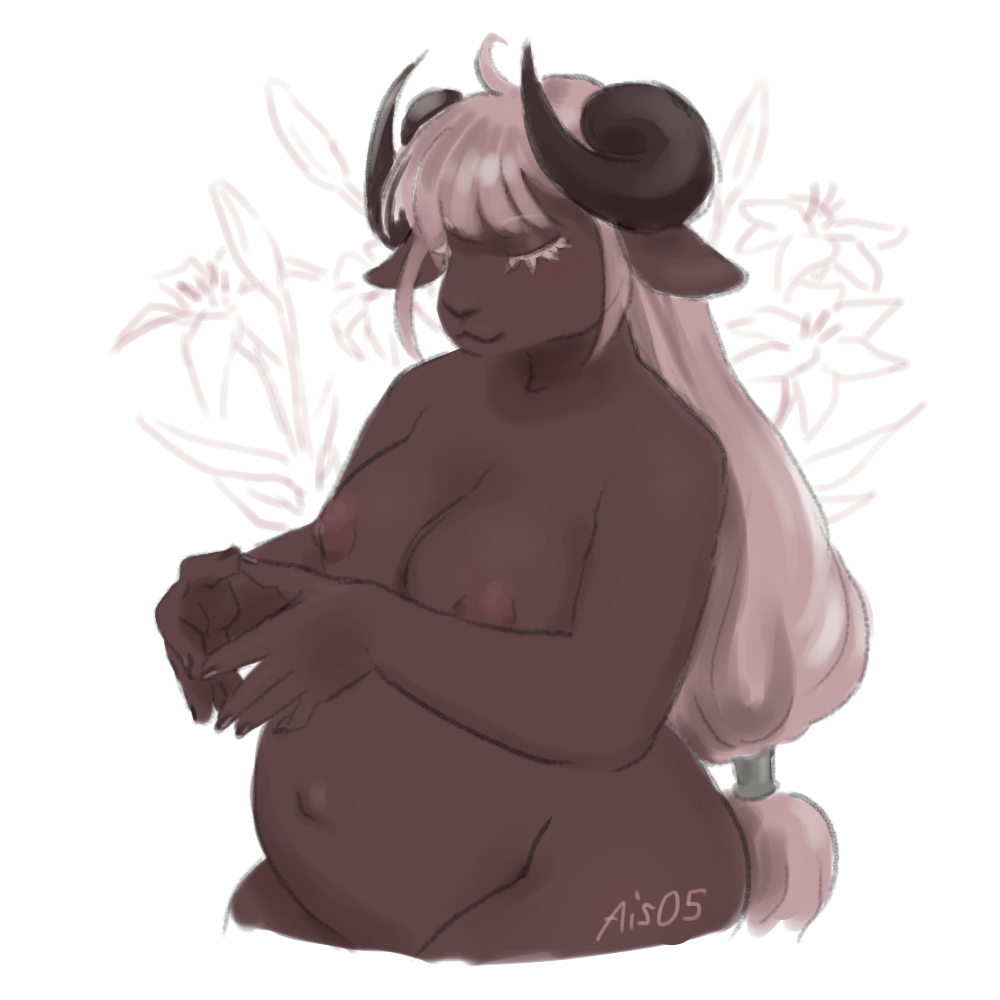 2021 ais05 anthro belly big_belly black_nose bovid breasts caprine dark_body dark_fur digital_media_(artwork) domestic_sheep female fur hair horn mammal nipples pregnant sheep simple_background smile solo white_hair zuzu_(paledrake)