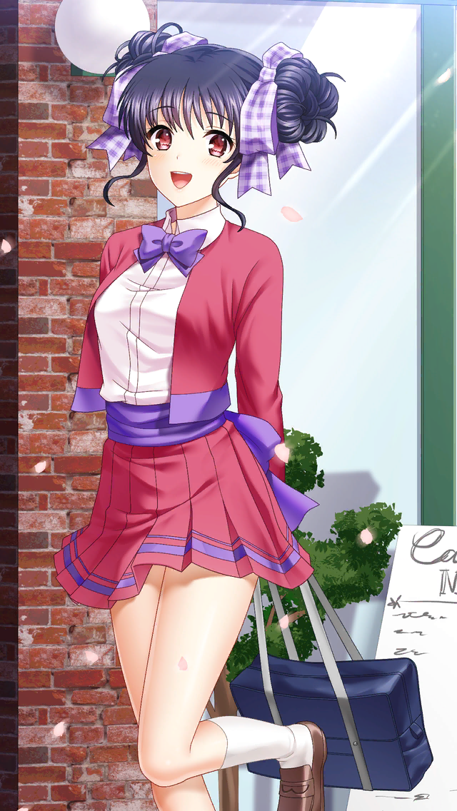 1girl :d bag bangs black_hair brown_footwear cherry_blossoms collared_shirt day double_bun doukyuusei_2 doukyuusei_another_world dress_shirt eyebrows_visible_through_hair game_cg hair_between_eyes hair_ribbon holding holding_bag jacket kneehighs loafers long_sleeves looking_at_viewer medium_hair miniskirt narusawa_yui official_art open_clothes open_jacket open_mouth outdoors plaid plaid_ribbon pleated_skirt purple_neckwear purple_ribbon red_eyes red_jacket red_skirt ribbon school_bag school_uniform shiny shiny_hair shirt shoes sidelocks skirt smile solo standing standing_on_one_leg sunlight white_legwear white_shirt wing_collar
