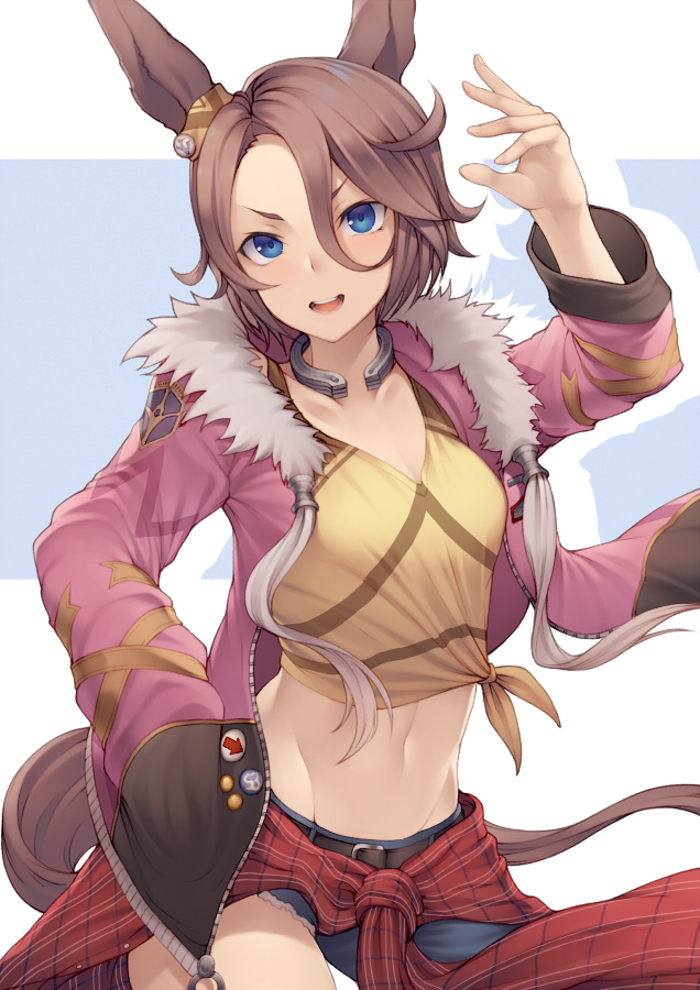 1girl :d animal_ears arm_up asymmetrical_pants bangs banned_artist belt black_belt blue_eyes breasts brown_hair cleavage clothes_around_waist collarbone commentary_request cowboy_shot cutoffs denim ear_ornament fur-trimmed_jacket fur_trim groin hair_between_eyes hand_in_pocket horse_ears horse_girl horse_tail horseshoe jacket jacket_around_waist jeans kyoeiki long_sleeves looking_at_viewer medium_breasts midriff narita_taishin_(umamusume) navel open_clothes open_jacket open_mouth pants partial_commentary pink_jacket plaid_jacket red_jacket shirt short_hair side-tie_shirt sidelocks smile solo standing tail teeth tied_shirt umamusume white_background yellow_shirt zipper zipper_pull_tab