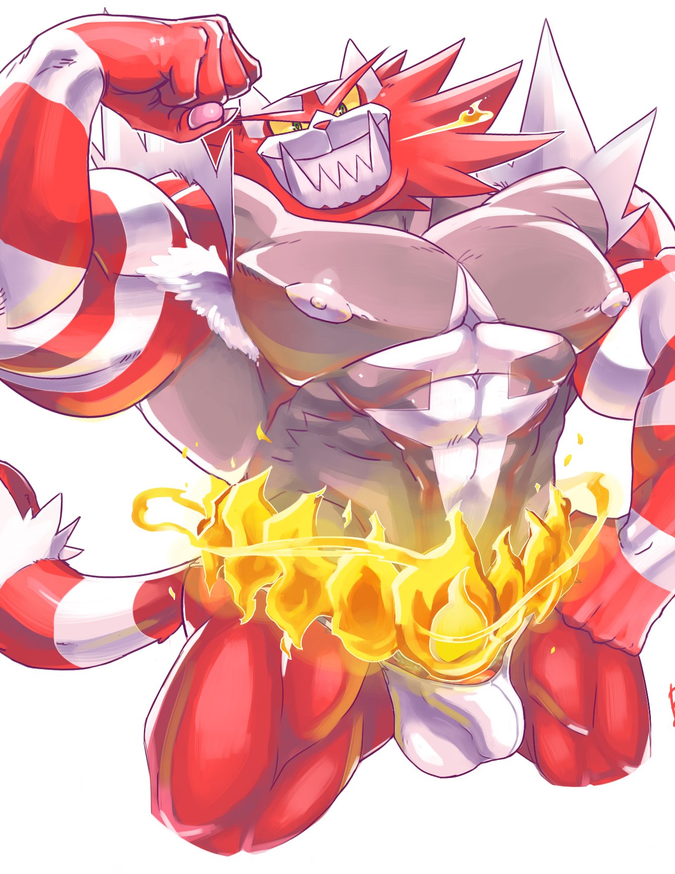 5_fingers abs anthro armpit_hair balls_outline bo-gilliam body_hair breath_powers bulge claws clothed clothing elemental_manipulation finger_claws fingers fire fire_breathing fire_manipulation fist flexing fur genital_outline genitals green_eyes grey_body grin hi_res incineroar looking_at_viewer male muscular muscular_anthro muscular_male nintendo nipples pawpads pecs penis penis_base penis_outline pink_pawpads pok&eacute;mon pok&eacute;mon_(species) red_body red_fur sharp_teeth shiny_pok&eacute;mon simple_background smile solo teeth topless underwear video_games white_background white_body white_clothing white_nipples white_underwear yellow_sclera