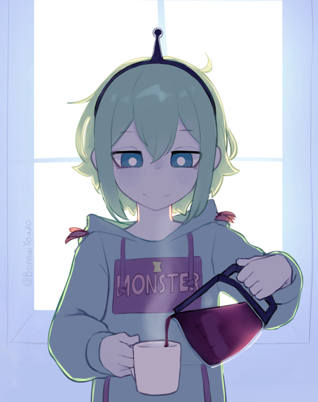 1girl amano_pikamee bags_under_eyes blue_eyes bright_pupils closed_mouth clothes_writing coffee coffee_pot commentary english_commentary green_hair green_hoodie green_theme hairband highres holding hood hood_down hoodie jitome long_sleeves medium_hair pitcher pouring smile solo twitter_username upper_body virtual_youtuber voms white_pupils yoako