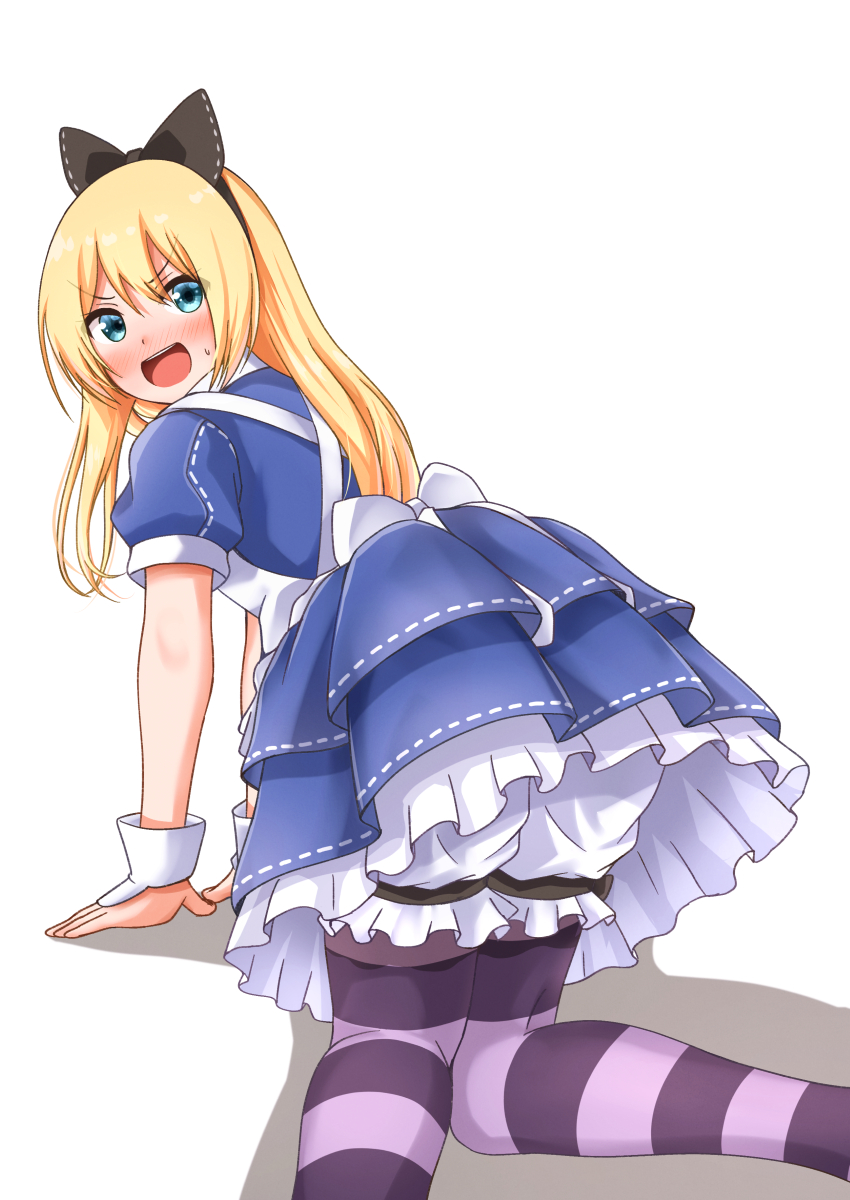 1girl alice_(wonderland) alice_(wonderland)_(cosplay) alice_in_wonderland all_fours animal_ears blonde_hair bloomers blue_dress blue_eyes blush comiching commentary_request cosplay dress feet_out_of_frame frilled_dress frills from_behind highres jervis_(kancolle) kantai_collection long_hair looking_at_viewer nose_blush purple_legwear simple_background solo striped striped_legwear underwear white_background wrist_cuffs