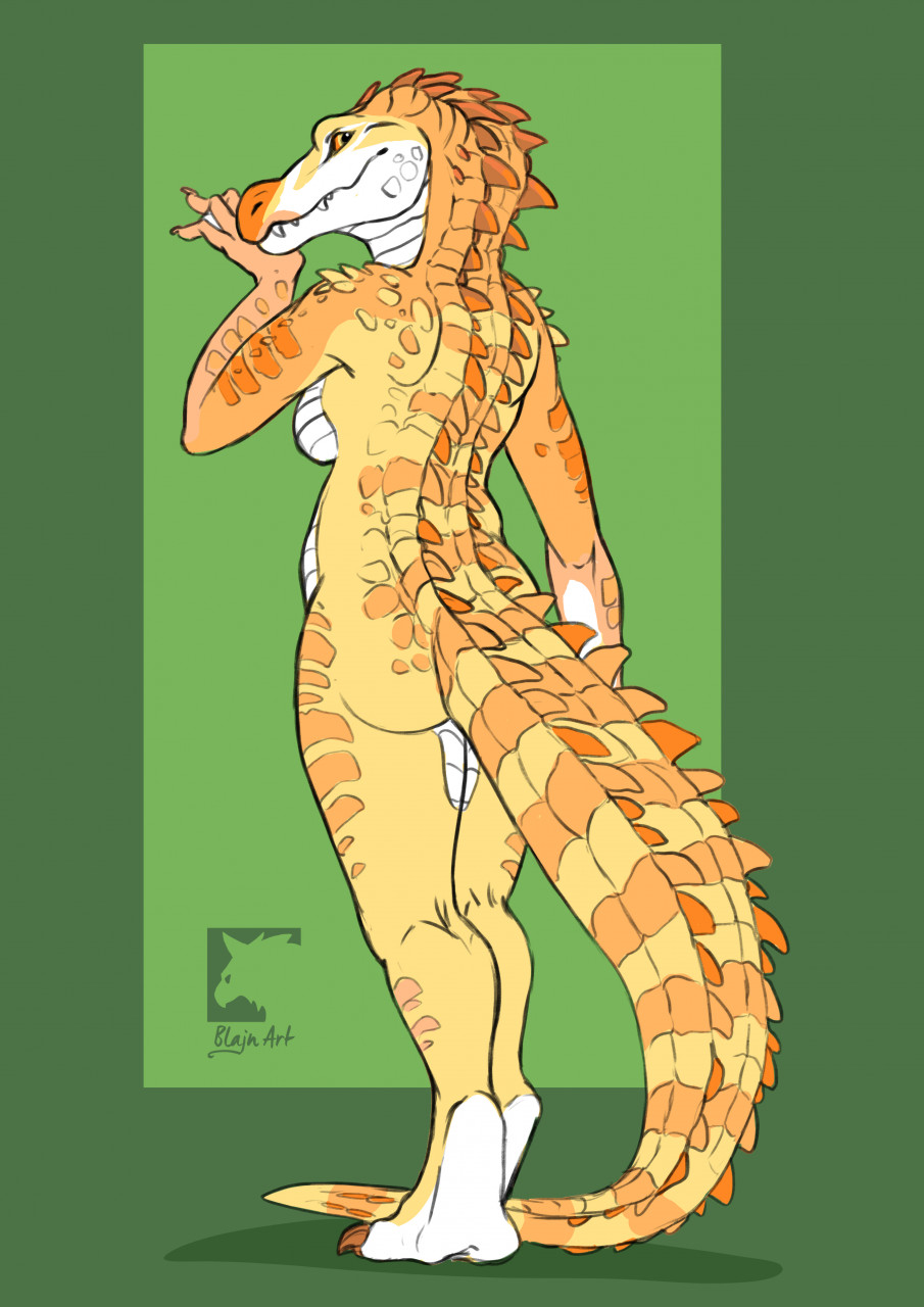 alligator alligatorid anthro back_spikes breasts butt claws crocodilian digitigrade female gryph000 hi_res looking_back non-mammal_breasts nude reptile scales scalie sharp_teeth side_boob solena_(character) solo spiked_tail spikes spikes_(anatomy) standing teeth thick_tail yellow_body yellow_scales