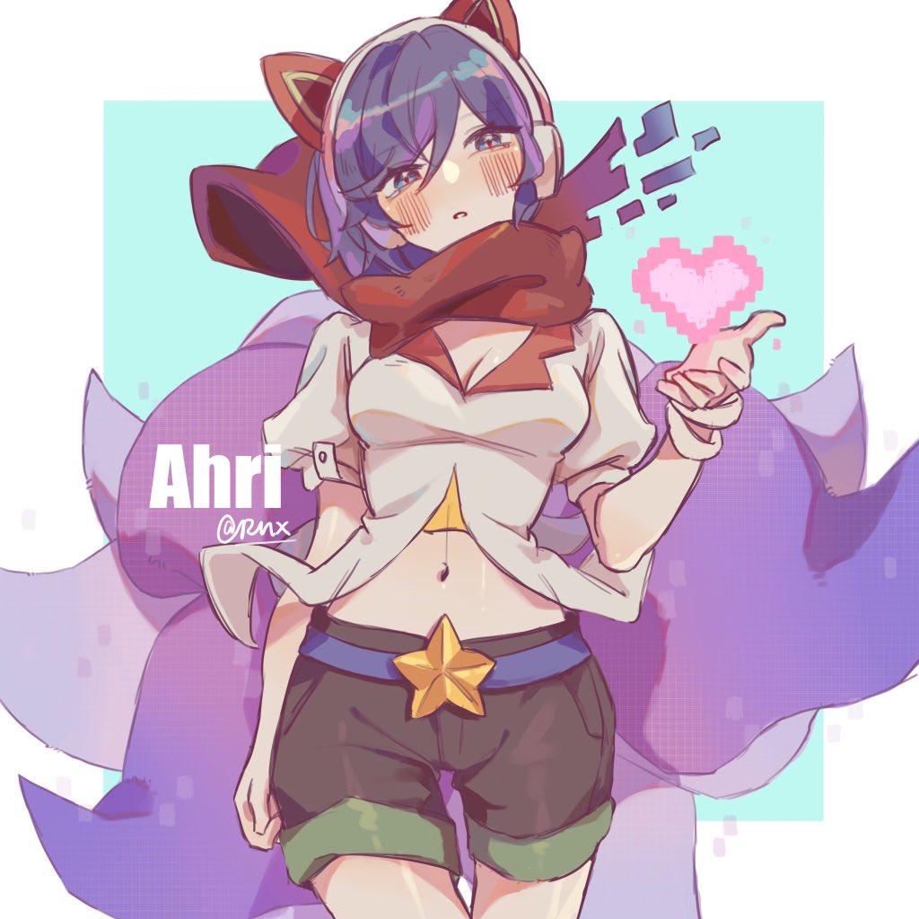 1girl ahri animal_ears arcade_ahri artist_name black_shorts blue_eyes blush bracelet breasts character_name cleavage cowboy_shot eyebrows_visible_through_hair fake_animal_ears fox_tail headphones heart jewelry league_of_legends looking_at_viewer midriff navel pixelated purple_hair purple_tail red_scarf ruan_chen_yue scarf short_hair shorts solo star_(symbol) tail vastaya