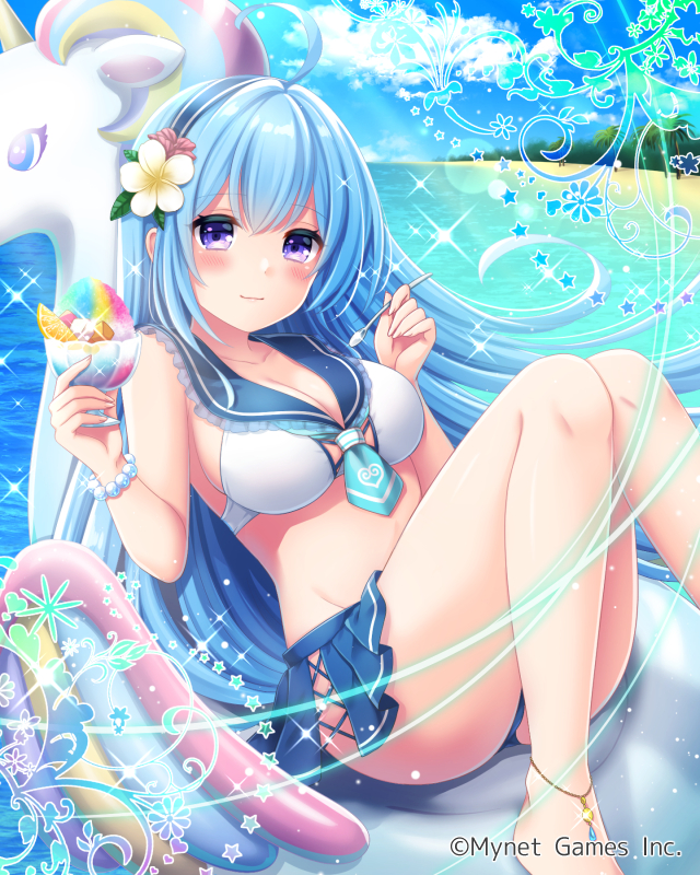 1girl beach blue_hair blue_sky breasts cloud falkyrie_no_monshou flower food hair_flower hair_ornament hairband ice_cream innertube long_hair looking_at_viewer medium_breasts ocean official_art parfait_(falkyrie_no_monshou) purple_eyes sailor_bikini sailor_collar sitting sky smile spoon stardrop