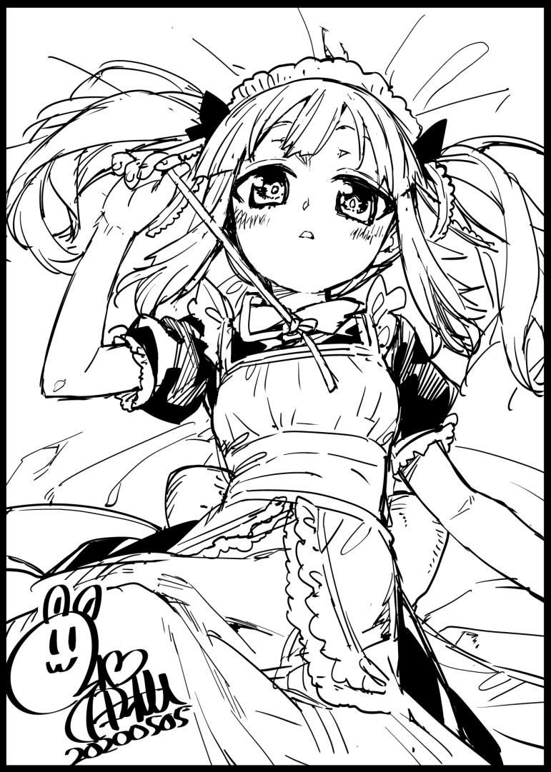 1girl akitsuki_itsuki apron black_border blush border copyright_request dated dress greyscale hair_spread_out hand_up looking_at_viewer lying maid_apron monochrome neck_ribbon on_back parted_lips puffy_short_sleeves puffy_sleeves ribbon short_sleeves signature solo twintails untying