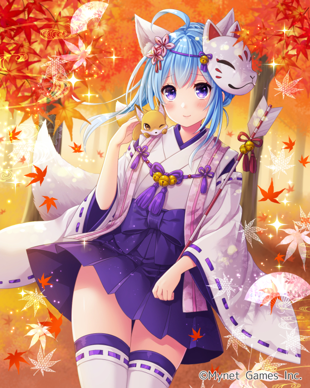 1girl animal_ears arrow_(projectile) blue_hair breasts falkyrie_no_monshou flower forest fox fox_ears fox_girl fox_mask fox_tail frilled_skirt frills hair_flower hair_ornament japanese_clothes leaf looking_at_viewer maple_leaf maple_tree mask medium_breasts nature official_art parfait_(falkyrie_no_monshou) purple_eyes skirt stardrop tail thighhighs tree