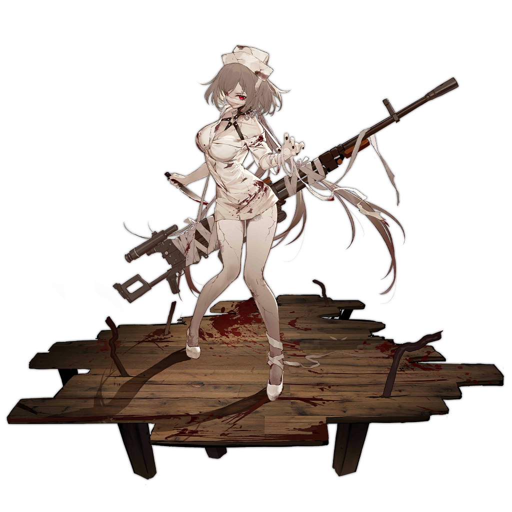 1girl alternate_costume bandaged_arm bandages black_nails blood blood_stain bloody_bandages bloody_clothes bloody_knife breasts brown_hair cleavage cracked_skin eyelashes fingernails full_body girls_frontline gun harness hat high_heels holding holding_knife horror_(theme) knife kord_(girls_frontline) kord_6p50 legs long_hair looking_at_viewer low_twintails machine_gun medium_breasts nurse nurse_cap o-ring off_shoulder official_art pale_skin rebar red_eyes scope shi-chen solo thighs transparent_background twintails very_long_hair weapon white_footwear wooden_floor