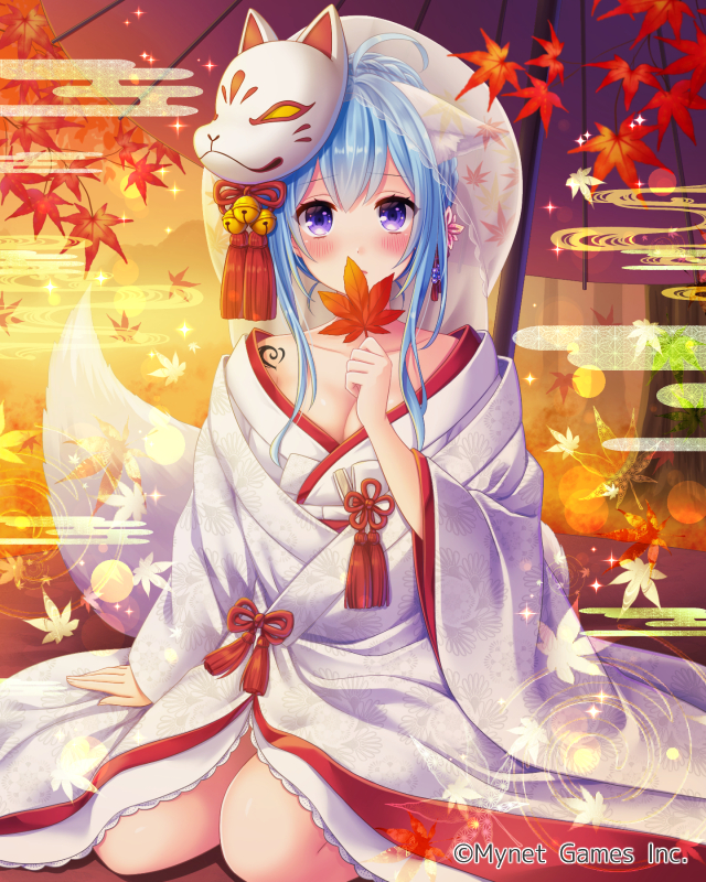 1girl animal_ears blue_hair breasts falkyrie_no_monshou fox_ears fox_girl fox_mask fox_tail hair_ornament holding holding_leaf japanese_clothes kimono leaf leaf_print maple_leaf maple_leaf_print maple_tree mask medium_breasts official_art oil-paper_umbrella parfait_(falkyrie_no_monshou) purple_eyes seiza shy sitting stardrop tail tree umbrella white_kimono