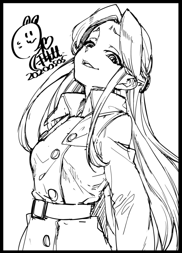 1girl akitsuki_itsuki bangs belt black_border border coat copyright_request dated greyscale long_hair long_sleeves looking_at_viewer monochrome parted_bangs parted_lips signature simple_background smile upper_body white_background