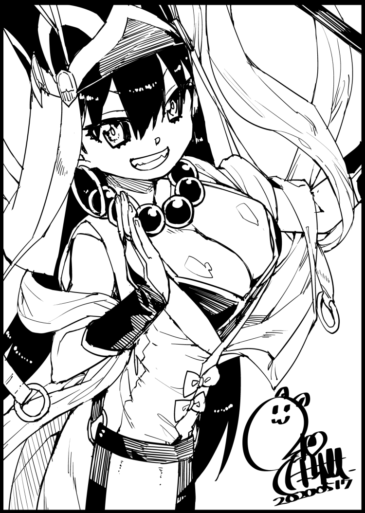 1girl akitsuki_itsuki beads bow bra bracer breasts cleavage dated earrings fate/grand_order fate_(series) greyscale grin hands_up hat hoop_earrings jewelry large_breasts looking_at_viewer monochrome prayer_beads signature smile solo underwear xuangzang_sanzang_(fate)