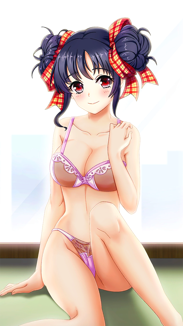 1girl bangs black_hair blush bra breasts brown_bra brown_panties cleavage closed_mouth collarbone double_bun doukyuusei_2 doukyuusei_another_world eyebrows_visible_through_hair game_cg hair_ribbon large_breasts lingerie looking_at_viewer medium_hair narusawa_yui official_art panties plaid plaid_ribbon red_eyes ribbon shiny shiny_hair sidelocks sitting smile solo underwear underwear_only