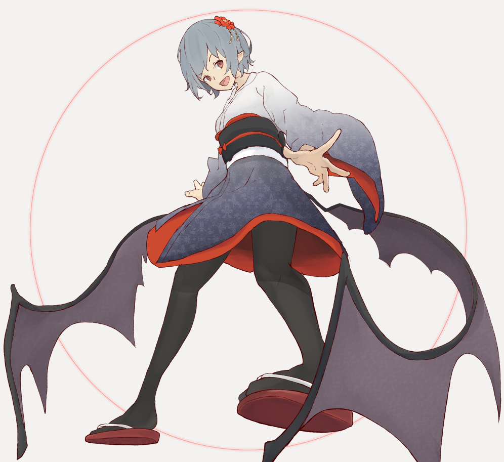 1girl bat_wings black_legwear blue_hair flower from_below full_body hair_flower hair_ornament japanese_clothes kimono mknongr obi open_mouth orange_eyes pantyhose pointy_ears remilia_scarlet sandals sash short_hair short_kimono smile solo touhou wide_sleeves wings