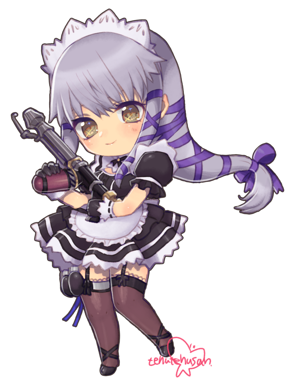 1girl black_gloves breasts brown_eyes chibi clair_lasbard closed_mouth explosive gloves grenade gun highres long_hair looking_at_viewer maid murata_tefu ribbon silver_hair simple_background skirt smile solo star_ocean star_ocean_till_the_end_of_time thighhighs weapon white_background