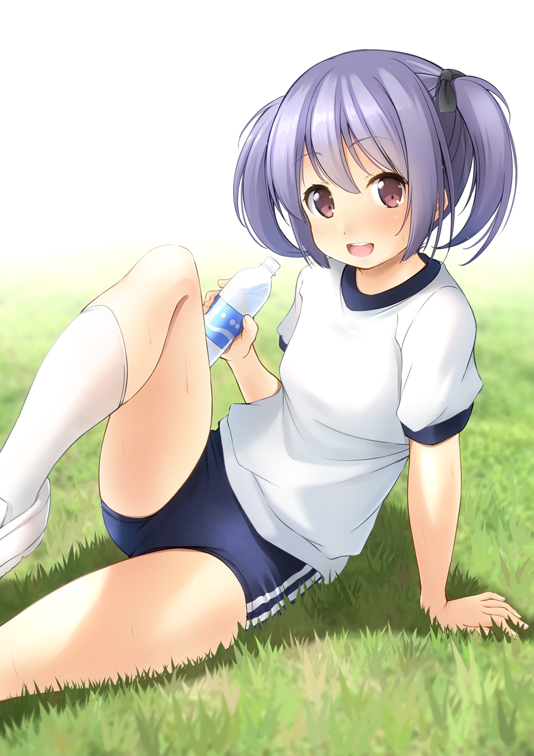 1girl :d arm_support bangs blue_buruma blush bottle brown_eyes buruma commentary_request eyebrows_visible_through_hair feet_out_of_frame gym_shirt gym_uniform hair_between_eyes highres holding holding_bottle knee_up looking_at_viewer on_grass open_mouth original puffy_short_sleeves puffy_sleeves purple_hair shibacha shirt shoes short_sleeves smile socks solo twintails upper_teeth water water_bottle white_background white_footwear white_legwear white_shirt