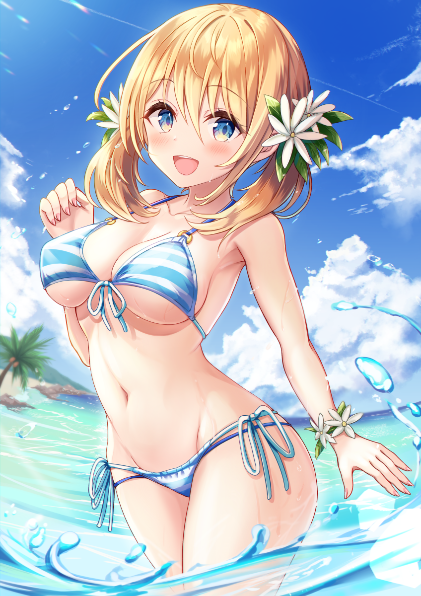 1girl :d bare_arms bare_shoulders bikini blonde_hair blue_bikini blue_eyes bracelet breasts cleavage collarbone day front-tie_bikini front-tie_top groin halterneck hand_up highres jewelry large_breasts long_hair looking_at_viewer multi-strapped_bikini navel open_mouth original outdoors sakura_ani side-tie_bikini smile solo stomach string_bikini striped striped_bikini summer sunlight swimsuit thighs twintails wading water