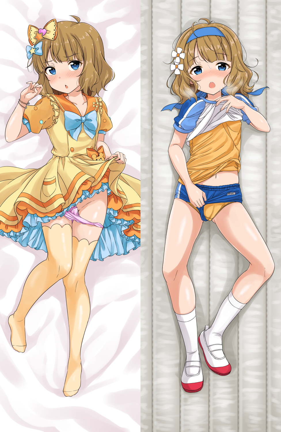 1girl ahoge bangs bed_sheet blue_bow blue_buruma blue_eyes blue_hairband blush bow brown_dress brown_hair brown_legwear buruma buruma_aside cameltoe chestnut_mouth clothes_lift commentary_request dakimakura_(medium) dress eyebrows_visible_through_hair flo flower gym_shirt gym_uniform hair_bow hair_flower hair_ornament hairband hand_up heavy_breathing highres idolmaster idolmaster_million_live! lifted_by_self lying multiple_views navel no_shoes nose_blush on_back open_mouth orange_panties orange_shirt panties panty_pull parted_lips pink_panties pleated_dress shirt shirt_lift shoes short_sleeves socks suou_momoko thighhighs underwear uwabaki white_flower white_footwear white_legwear white_shirt