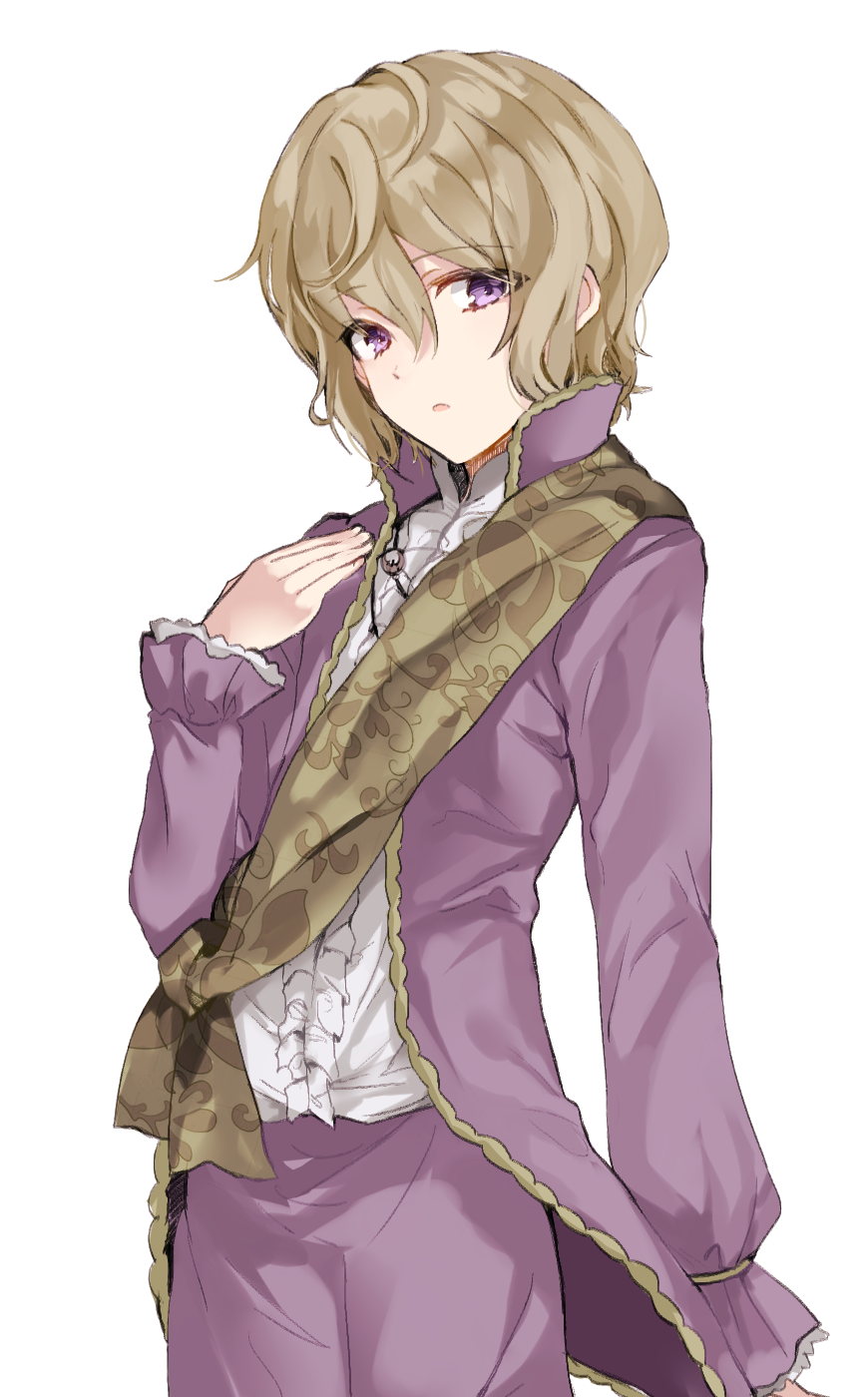 1boy bangs blonde_hair emil_(nier) hair_between_eyes hand_on_own_chest highres jacket long_sleeves male_focus nier nier_(series) open_clothes open_jacket pants parted_lips puffy_pants puffy_sleeves purple_eyes purple_pants retto short_hair solo upper_body white_background