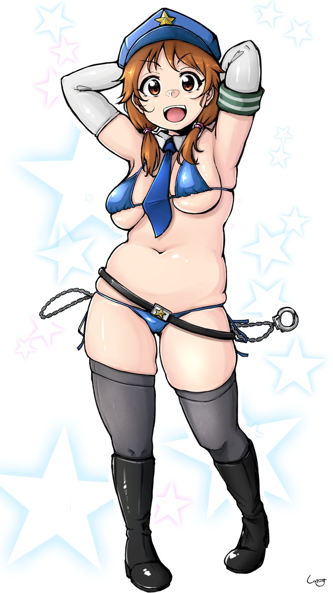 1girl :d arms_behind_head bangs bikini black_footwear blue_bikini blue_headwear blue_neckwear boots breasts brown_eyes brown_hair cameltoe commentary_request cuffs detached_collar elbow_gloves eyebrows_visible_through_hair eyelashes full_body gloves grey_legwear hair_tie handcuffs hat highres idolmaster katagiri_sanae long_hair looking_at_viewer navel necktie open_mouth pigeon-toed plump shadow shigekikkusu shiny shiny_skin signature skindentation smile solo standing star_(symbol) striped_wrist_cuffs swimsuit tareme thick_thighs thighhighs thighs tied_hair tongue upper_teeth