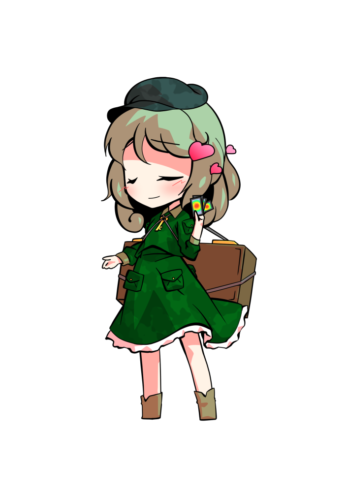 1girl bangs blush brown_footwear card chibi closed_eyes closed_mouth dairi dress eyebrows_visible_through_hair green_dress green_hair green_headwear green_sleeves hand_up long_sleeves short_hair simple_background smile solo standing tachi-e touhou white_background yamashiro_takane