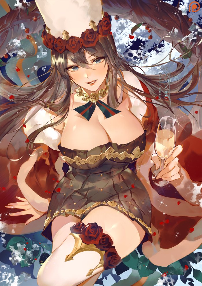 1girl alternate_costume arm_support bangs blue_eyes breasts brown_dress brown_hair champagne_flute christmas_dress cleavage crossed_legs cup dress drinking_glass granblue_fantasy hair_between_eyes holding holding_cup jewelry large_breasts long_hair mcmclunar_(kaz) necklace rosetta_(granblue_fantasy) santa_costume sitting thigh_strap thighs white_headwear