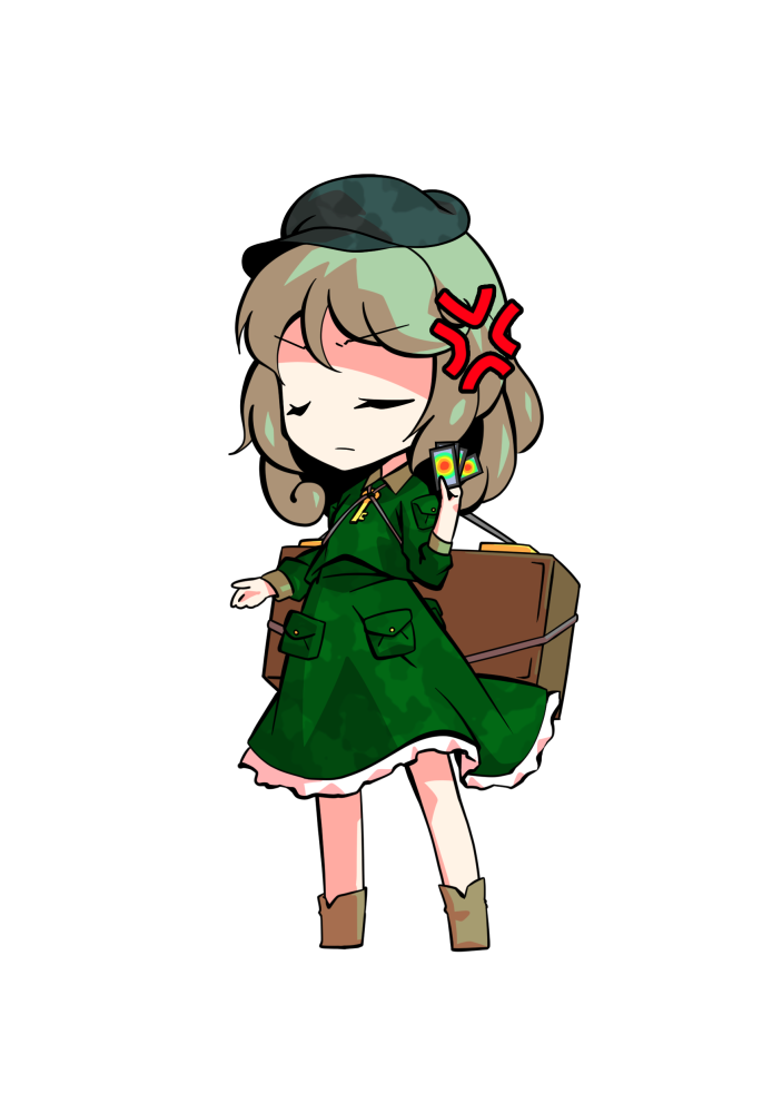 1girl annoyed bangs brown_footwear card closed_eyes closed_mouth dairi eyebrows_visible_through_hair green_eyes green_hair green_headwear green_sleeves hand_up hat long_sleeves short_hair simple_background solo standing touhou white_background yamashiro_takane