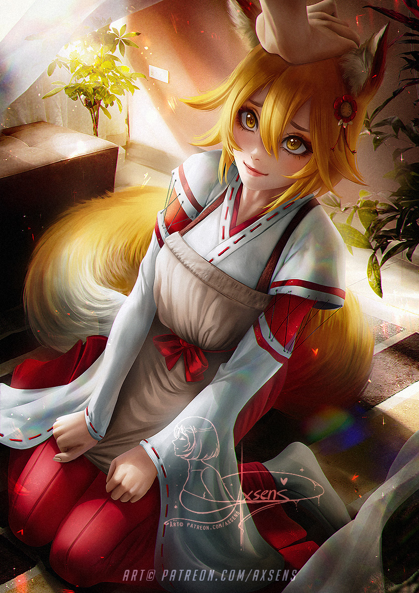 1girl animal_ears apron axsen banned_artist blonde_hair closed_mouth detached_sleeves fox_ears fox_girl fox_tail hair_between_eyes hair_ornament hakama headpat highres indoors japanese_clothes lips plant red_hakama ribbon-trimmed_sleeves ribbon_trim senko_(sewayaki_kitsune_no_senko-san) sewayaki_kitsune_no_senko-san short_hair sitting smile solo_focus tail wariza yellow_eyes