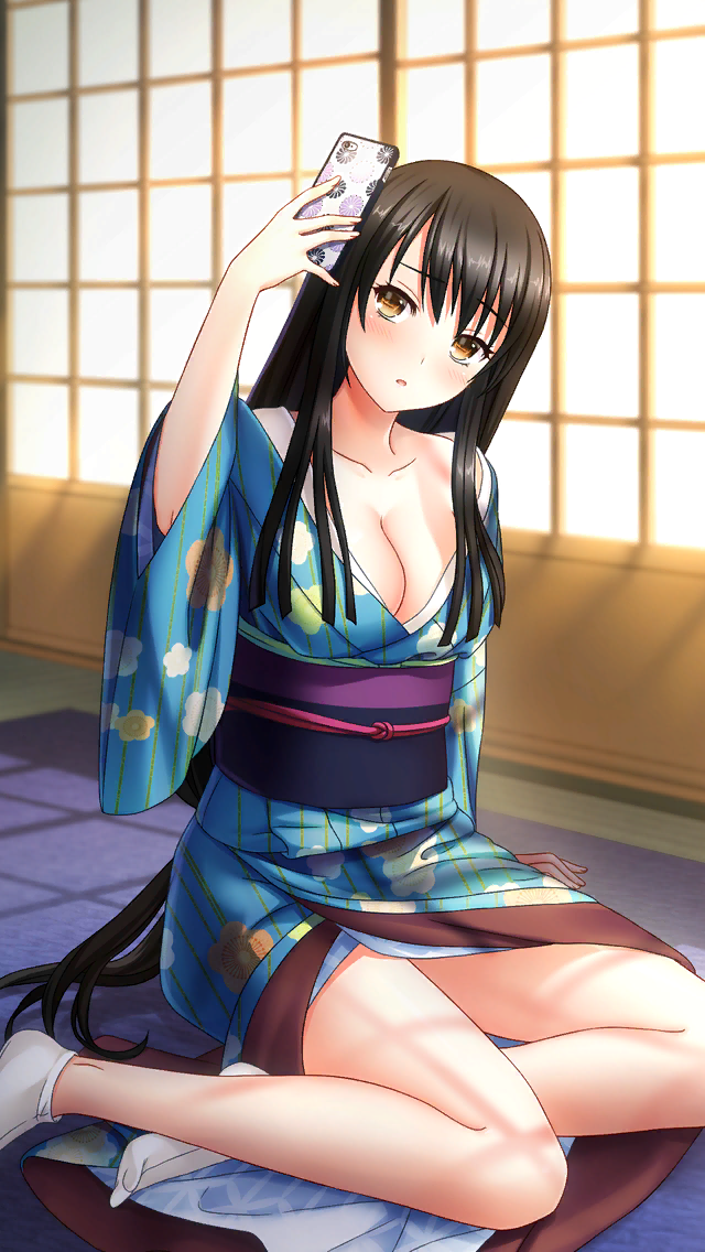 1girl black_hair blue_kimono blush breasts brown_eyes cleavage collarbone doukyuusei doukyuusei_another_world game_cg head_tilt japanese_clothes kimono large_breasts long_hair low-tied_long_hair masaki_natsuko naked_kimono obi official_art open_clothes open_kimono parted_lips print_kimono sash selfie shiny shiny_hair sitting solo tabi very_long_hair white_legwear